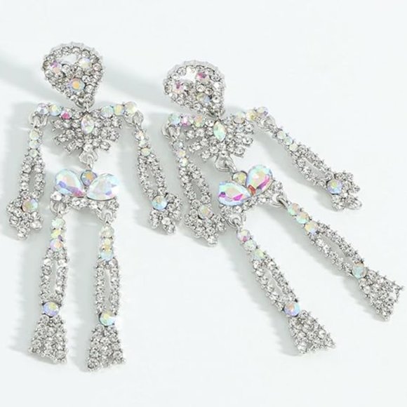 Skeleton AB Rhinestone Earrings Halloween New Large Silver Skull CZ Dangle Goth - Picture 1 of 5